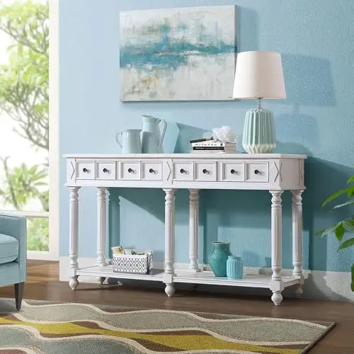 58'' Console Table with 2 Drawers Farmhouse Entryway Table with Bottom Shelf Heavy Duty Narrow Hallway Table
