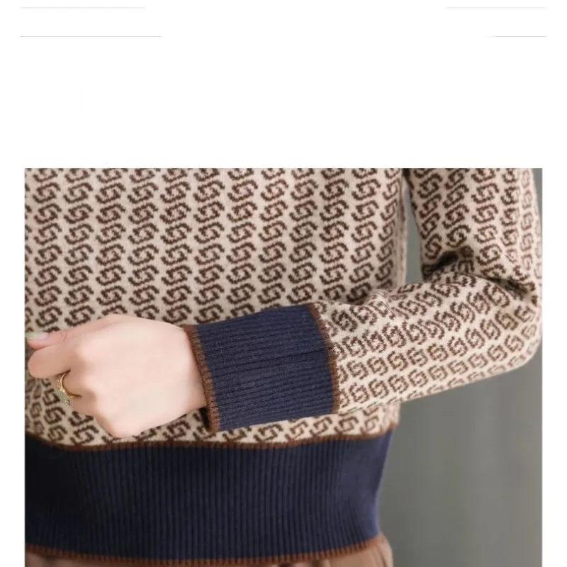Autumn and Winter Women\'s Contrast Color Half High Collar Long Sleeve Short Sweaters Jumpers Vintage Fashion Casual Tops