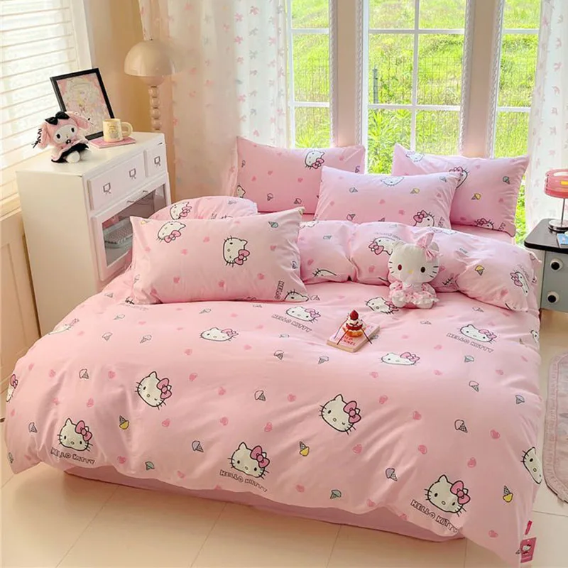 

Sanrio Hello Kitty Pure Cotton Bedding Set Cartoon Cover Sheet Three Piece Set Soft Bed Student Dormitory Home Kawaii Sheet Gift