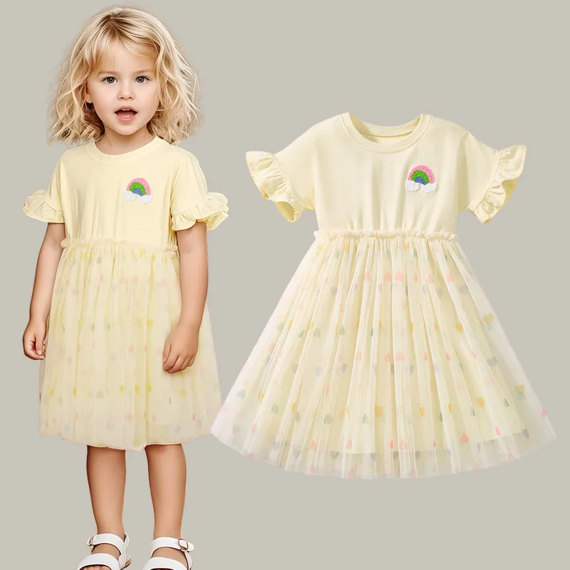 

Baby Girls 2025 New Summer Kids Clothes Children's Clothing Cotton Embroidered Cartoon Rainbow Mesh Dresses Gifts