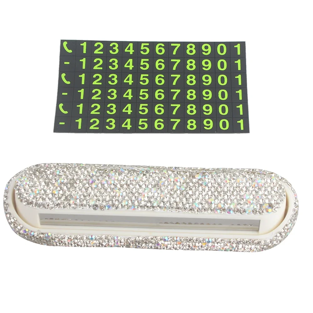 Car Temporary Parking Phone Number Card Ornament with Bling Bling Crystals Phone Number Hiding Decoration for Women White