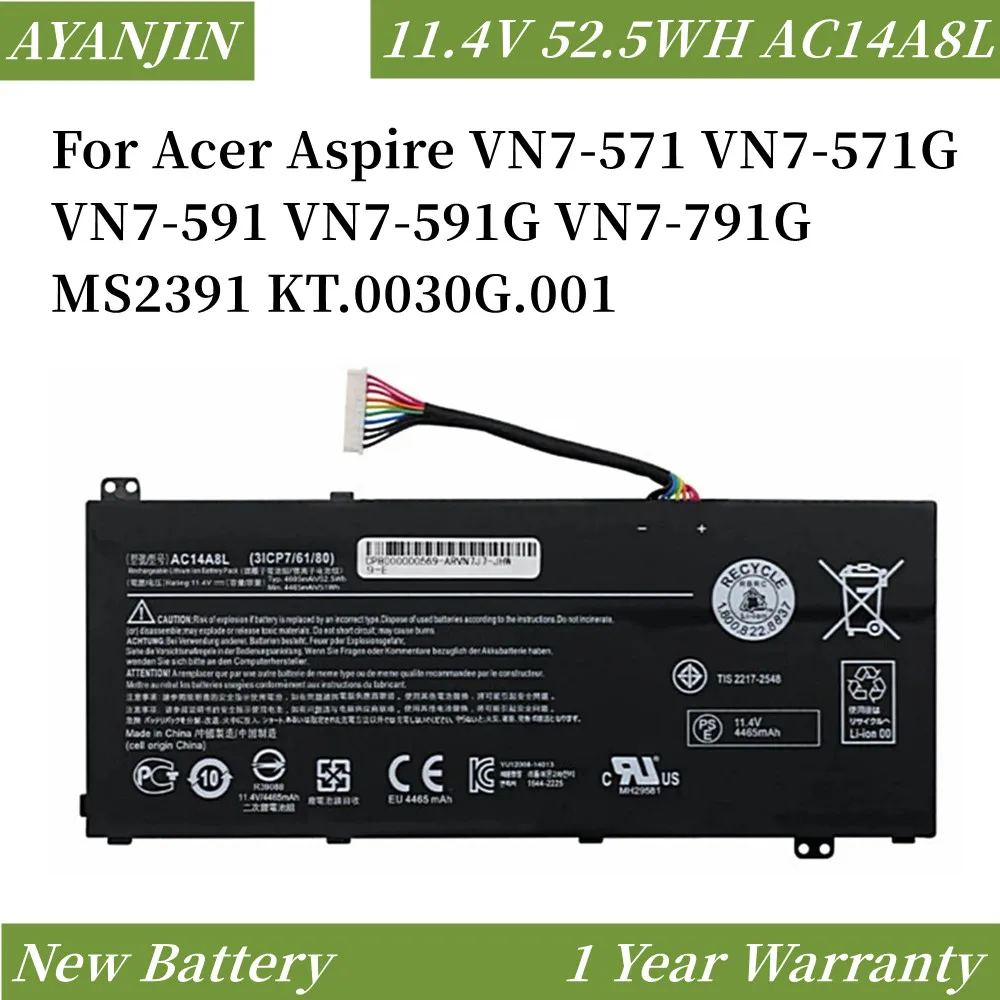 

AC14A8L 52.5WH Laptop Battery For Acer Aspire VN7-571 VN7-571G VN7-591 VN7-591G VN7-791G MS2391 KT.0030G.001 11.4V 4605mAh