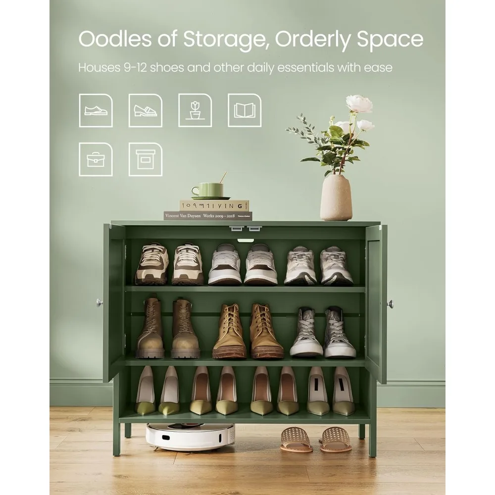 3-Tier Shoe Storage Organizer, Modern Country Cabinet, Freestanding Cabinet with Height-Adjustable Shelf, Entryway, Forest Green