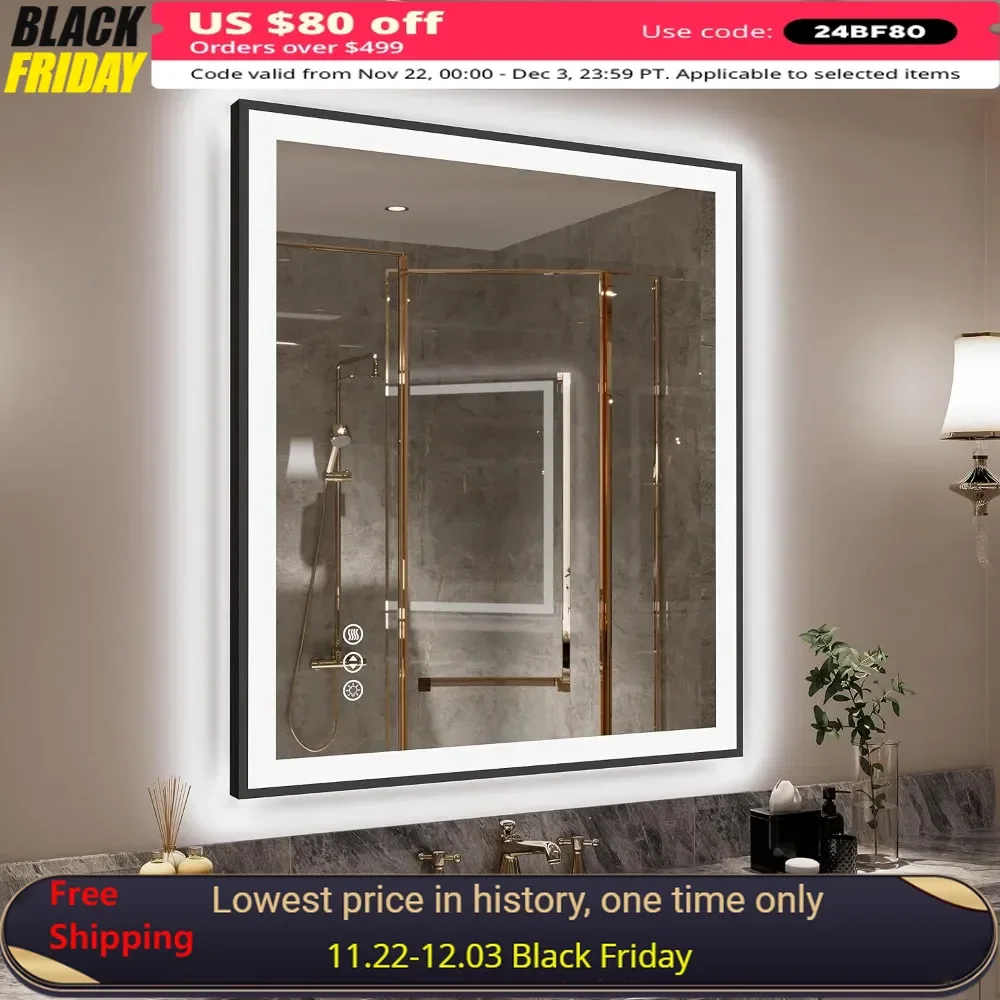 

36x32 LED Bathroom Mirror with Backlit and Front Lighted, Dimmable Illuminated Mirror, Anti-Fog Shatterproof, Bathroom Mirror