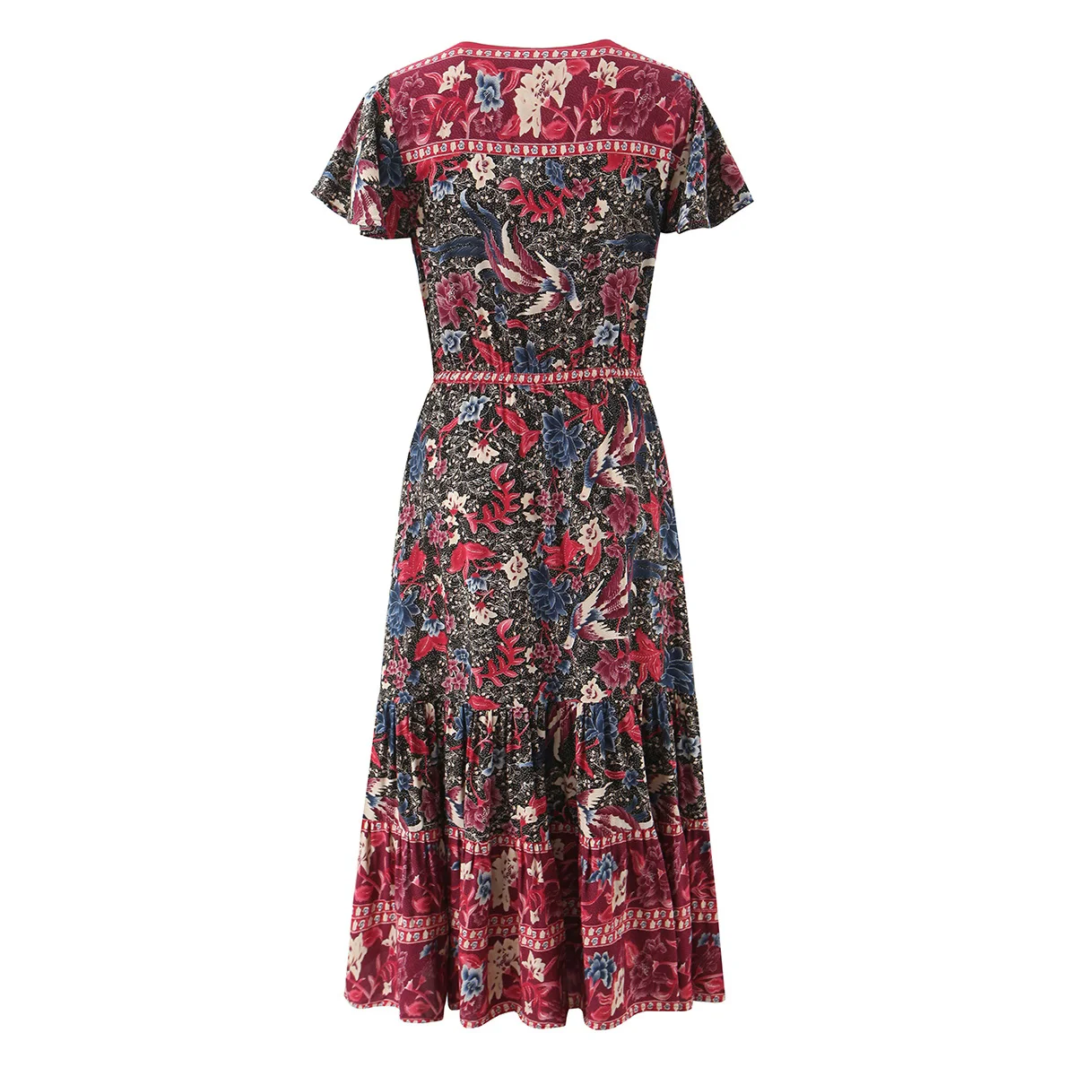 BOHO Open Buttons V Neck Floral Print Midi Dress Holiday Woman Flare Sleeve Drawstring Waist Hippie Long Dresses Robe Vestidos