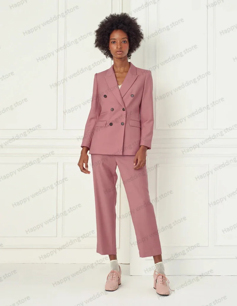 Pink Formal Women Suit Pants Set 2 Piece Blazer+Trousers Business Double Breasted Wedding Tuxedo Office Cotton Jacket Prom Coat