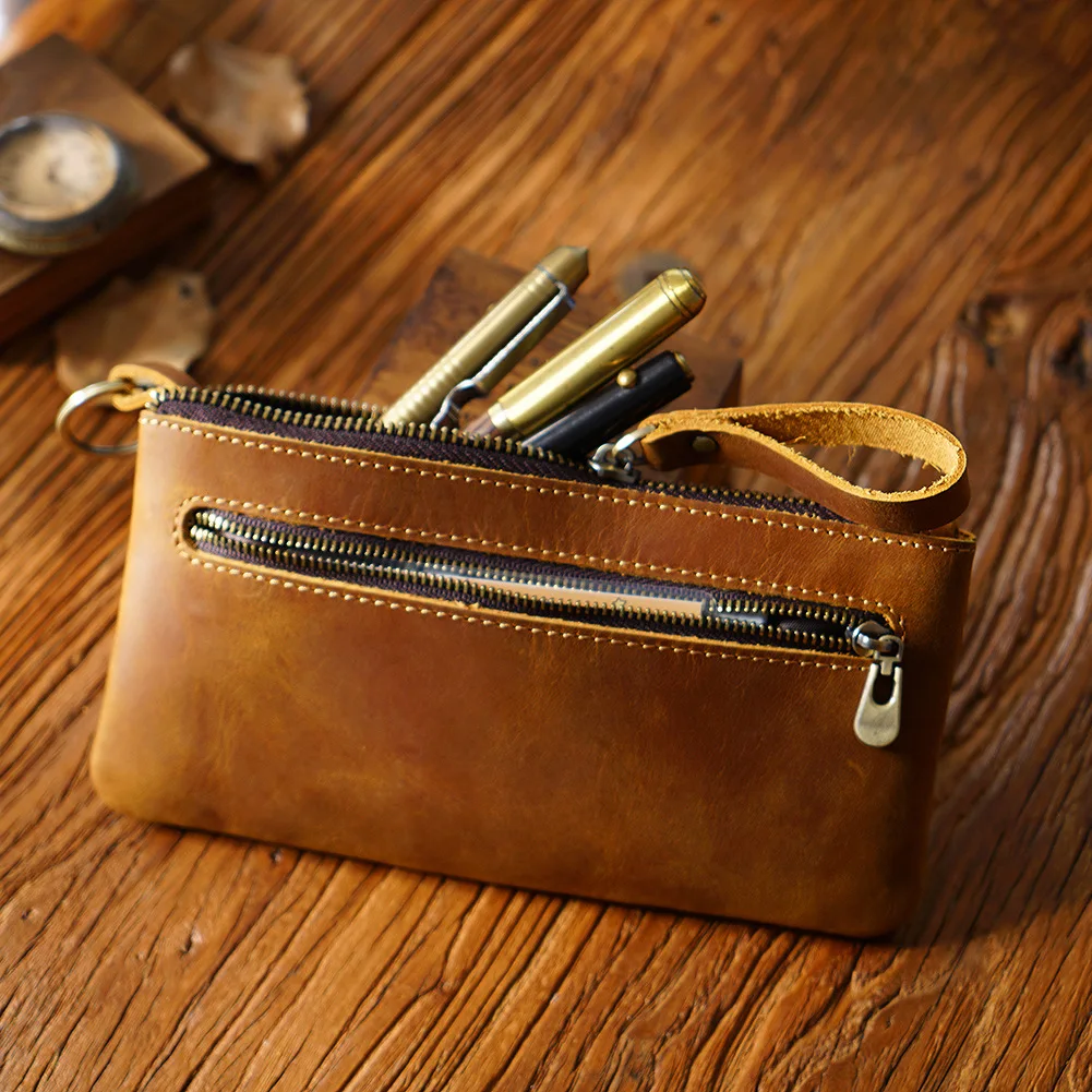 Portachiavi Vintage in pelle con cerniera tasca portapenne pochette portapenne di grande capacità