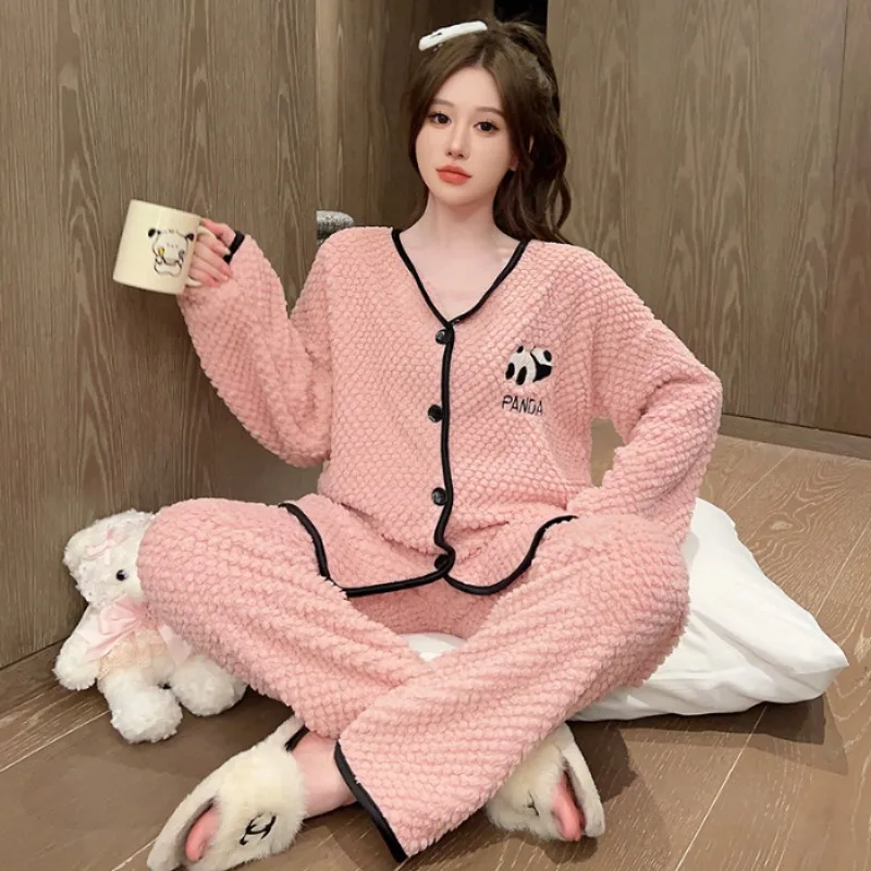 5XL Plus Size Coral Fleece Pajamas Set Women\'s Winter Cute Japanese Style Soft Plush Thickened Sleepwear Sweet Girl Home Clothes