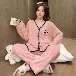 5XL Plus Size Coral Fleece Pajamas Set Women's Winter Cute Japanese Style Soft Plush Thickened Sleepwear Sweet Girl Home Clothes