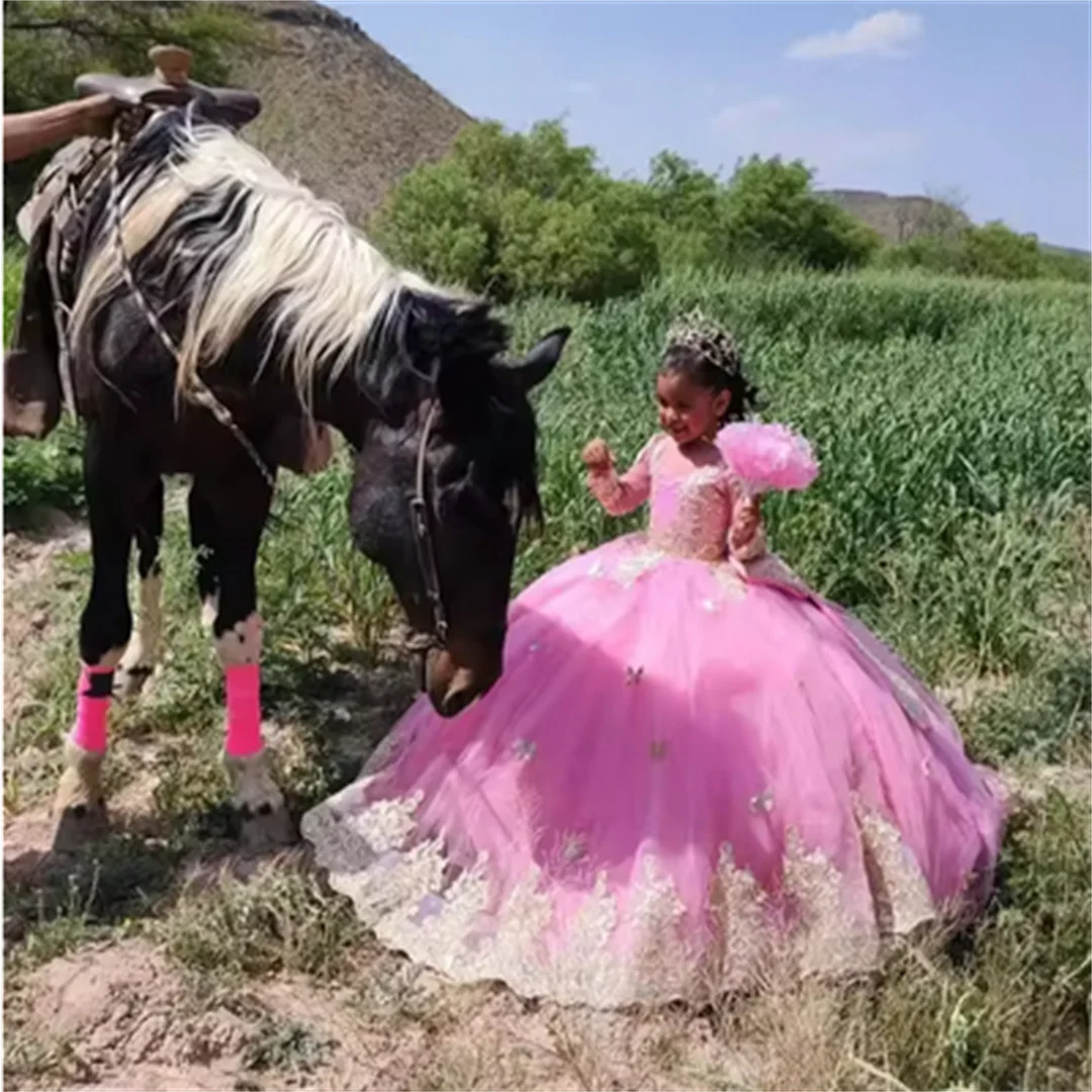 Customized Wedding Tulle Gold Appliques Full Sleeves Pink Flower Girl Dress For Princess First Communion Formal Occasion Gown