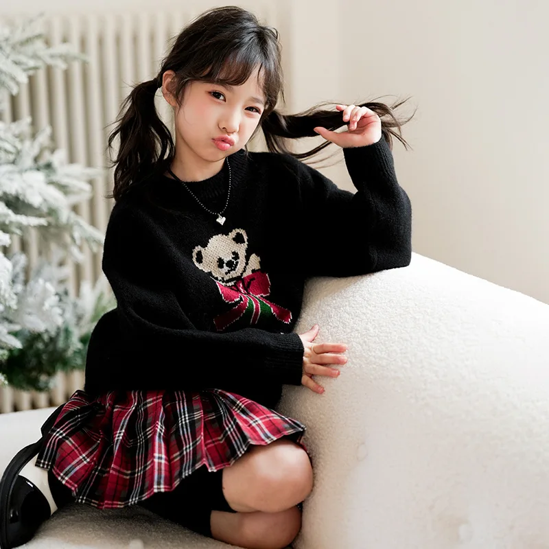 

2025 Autumn Christmas New Year 2pcs Suit Thick Needle Sweater Anti Pilling Knitted Pullovers+Checkered Skirt Kids Girls Sets