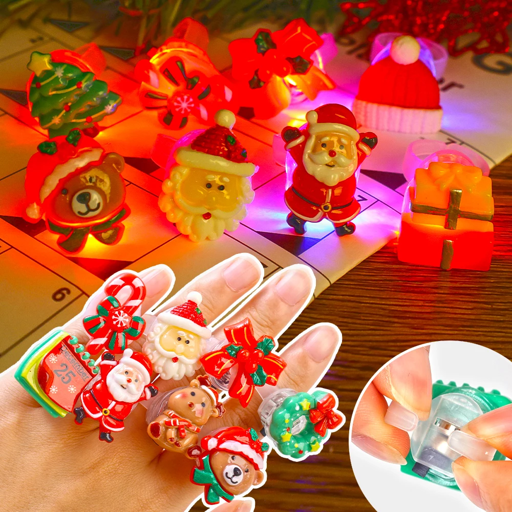 10/1PCS LED Christmas Glowing Ring Creative Cartoon Santa Claus Rings Luminous Resin Ornaments Party Decor Kids New Year Gifts