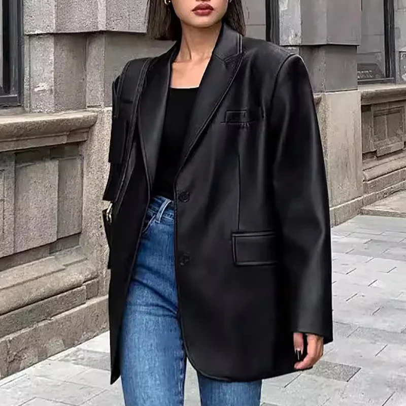 Damska kurtka retro z luźnym krojem, wykonana ze skóry PU, nowa kolekcja jesienna, wysoka jakość, styl casual, top do garnituru, styl miejski, długi rękaw, moda high street.