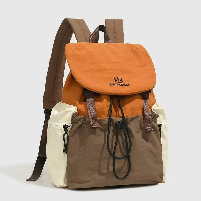 Color Block Cover Flip Backpack Drawstring Waterproof Nylon Multiple Pockets Adjustable for Straps Daily Casual Commute Travel