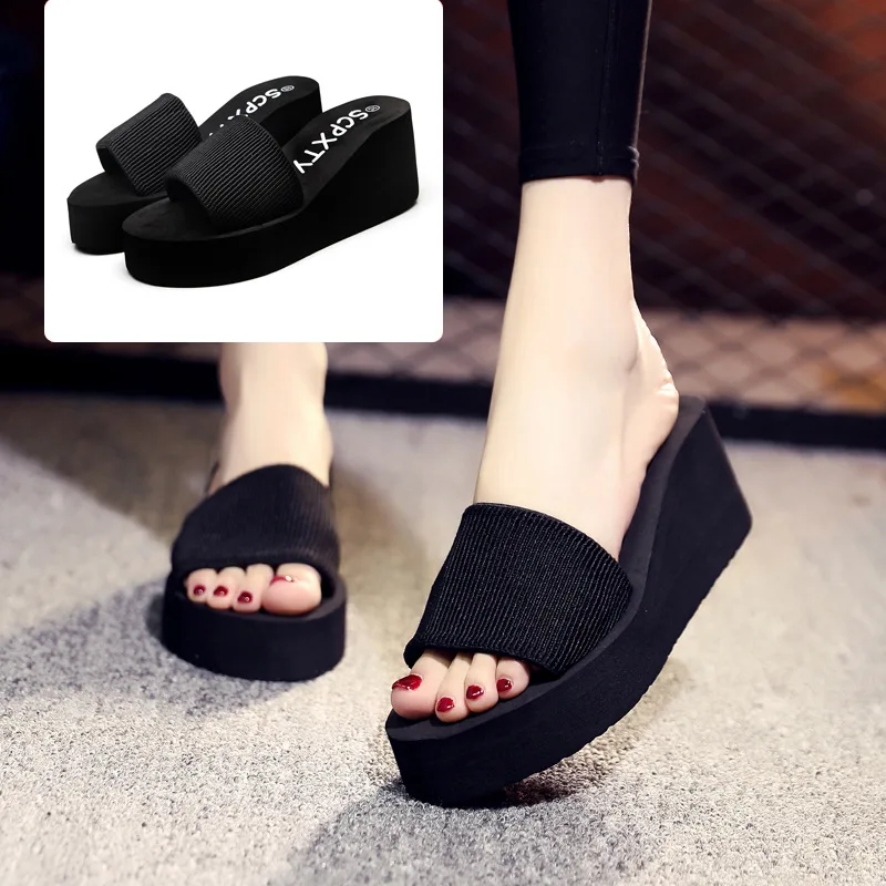 Slippers Women for Summer No-Slip Fabric Upper Heels Shoes Home Slipper Soft Platform Sole Ladies Beach Shoes Flip Flops