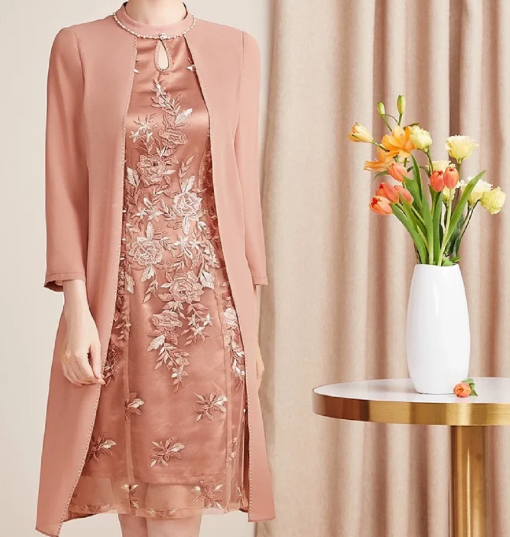 

2 Pieces 3/4 Sleeved Knee Mother of the Bride Dress With Jacket Lace Beads Champagne Pink Formal Wedding Evening Prom Gowns New