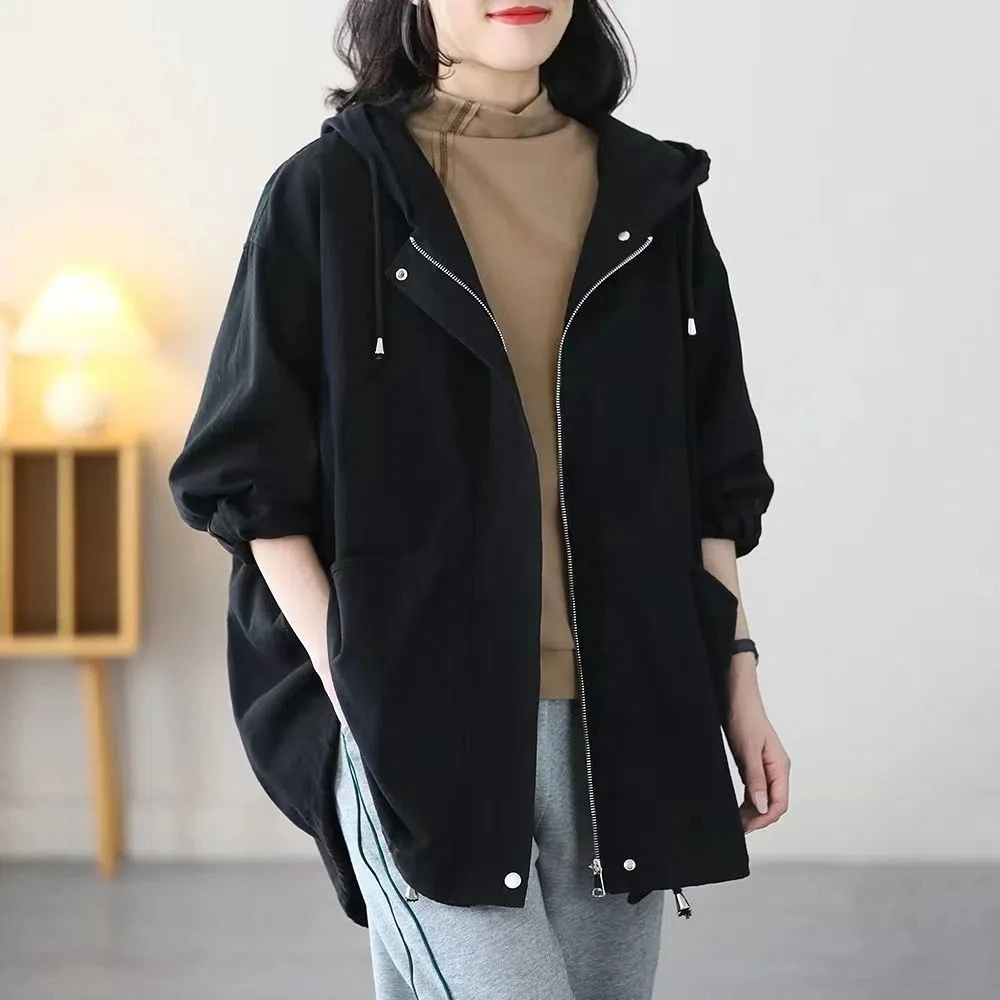 Large Size Women Hooded Trench Coat 2024 New Spring Autumn Women\'s Casual Windbreaker Korean Loose Female Lined Outerwear 4XL