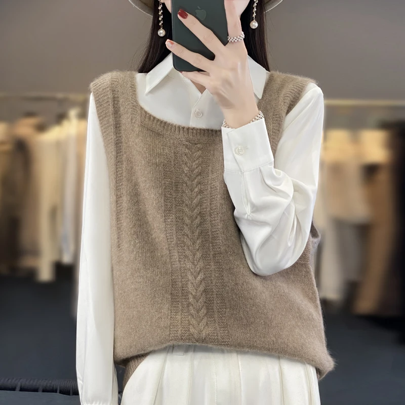 100% pure wool autumn and winter new vest women's knitted cashmere sweater vest sleeveless square neck sling solid color Joker. image 6