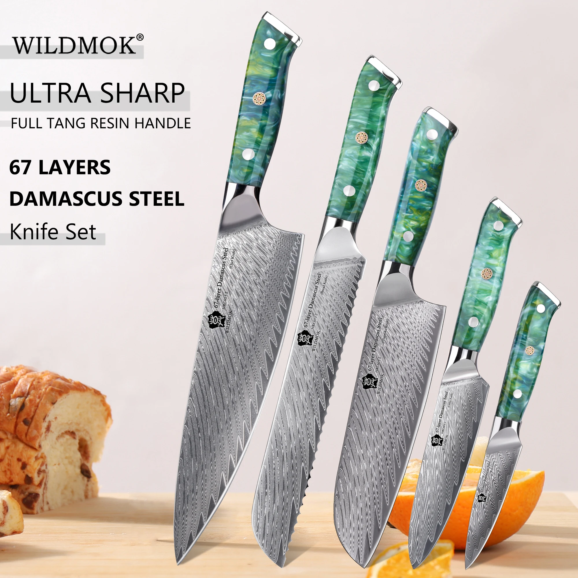 WILDMOK 5PCS Damascus Knife Set, Handmade 67 Layer VG10 Japanese Steel Blade, Elegant Anti-Fatigue Resin Handle Chef Knives