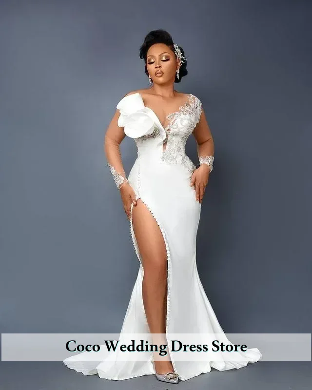 Vestido De novia De sirena elegante personalizado, apliques sexys con cuello en V, abertura lateral en la cadera con vestido De fiesta De baile nupcial, Vestidos De novia