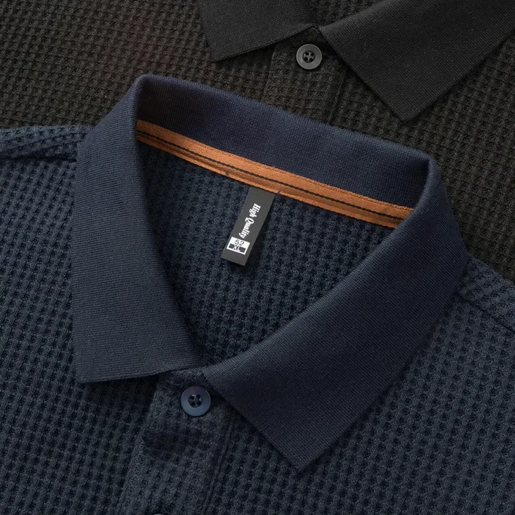Langarm-Poloshirt aus Waffelstrick – Weiche Baumwollmischung, Slim Fit, Lässiges Business-Oberteil für Herbst und Winter, Mehrfarbig – Detail 2