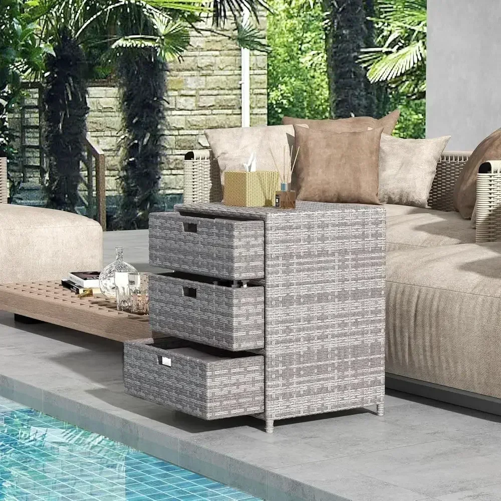 Gray Outdoor Towel Cabinet with 3 Shelves, Weatherproof PE Rattan Pool Storage Organizer