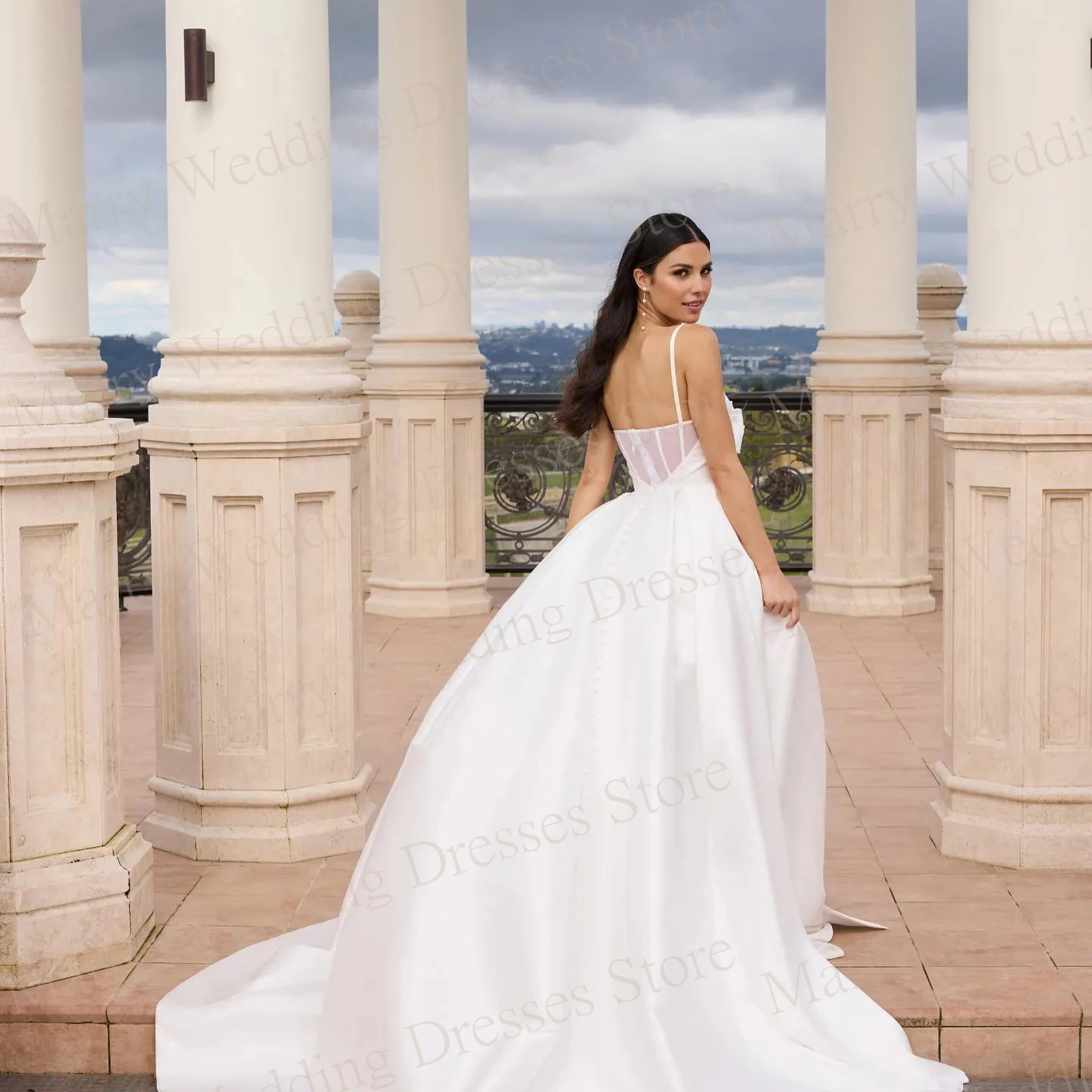 Vestidos de novia de satén elegantes sin tirantes, vestidos de novia sin mangas, tren de barrido, Espalda descubierta, abertura alta, fascinante, romántico