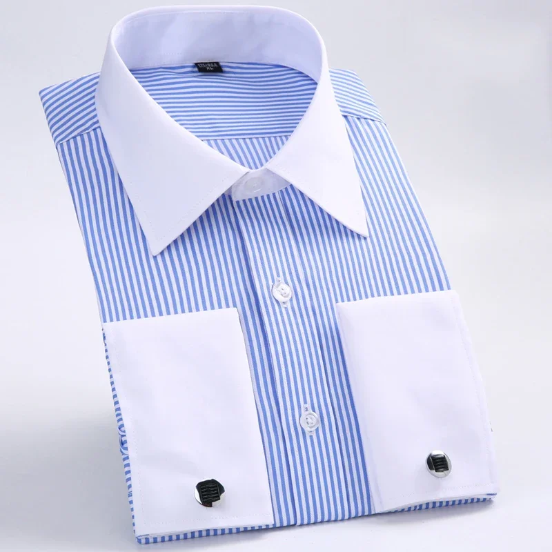 

Plus size 6XL France Cufflinks long-sleeve shirts for men slim fit formal shirt soft business office clothes elegant full dress