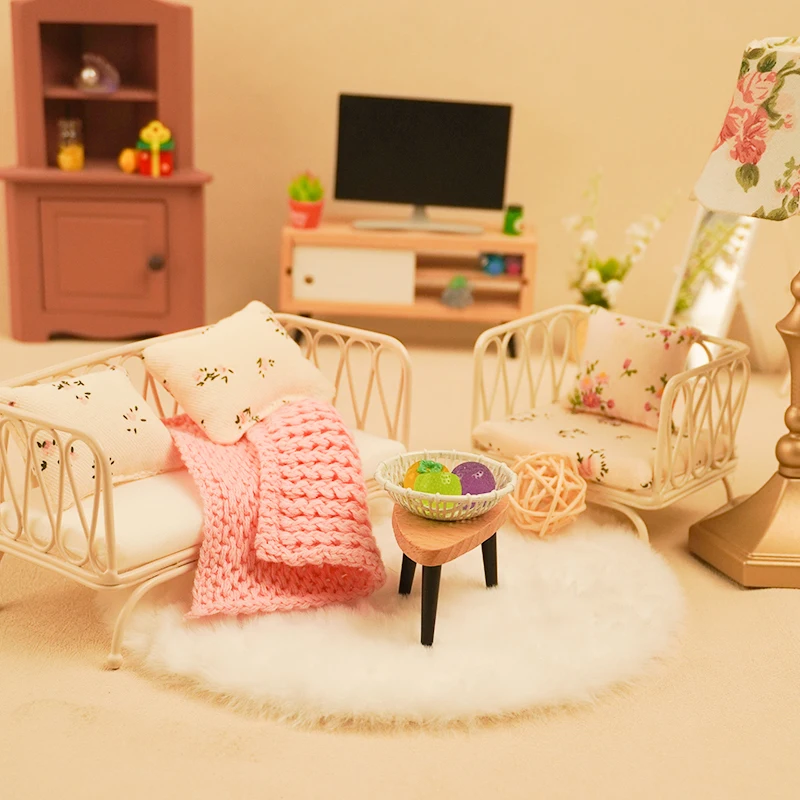 1:12 Scale Miniature Sofa Set – Openwork Green Leaf Backrest Design / Handcrafted Metal Workmanship, Dollhouse Furniture Decor