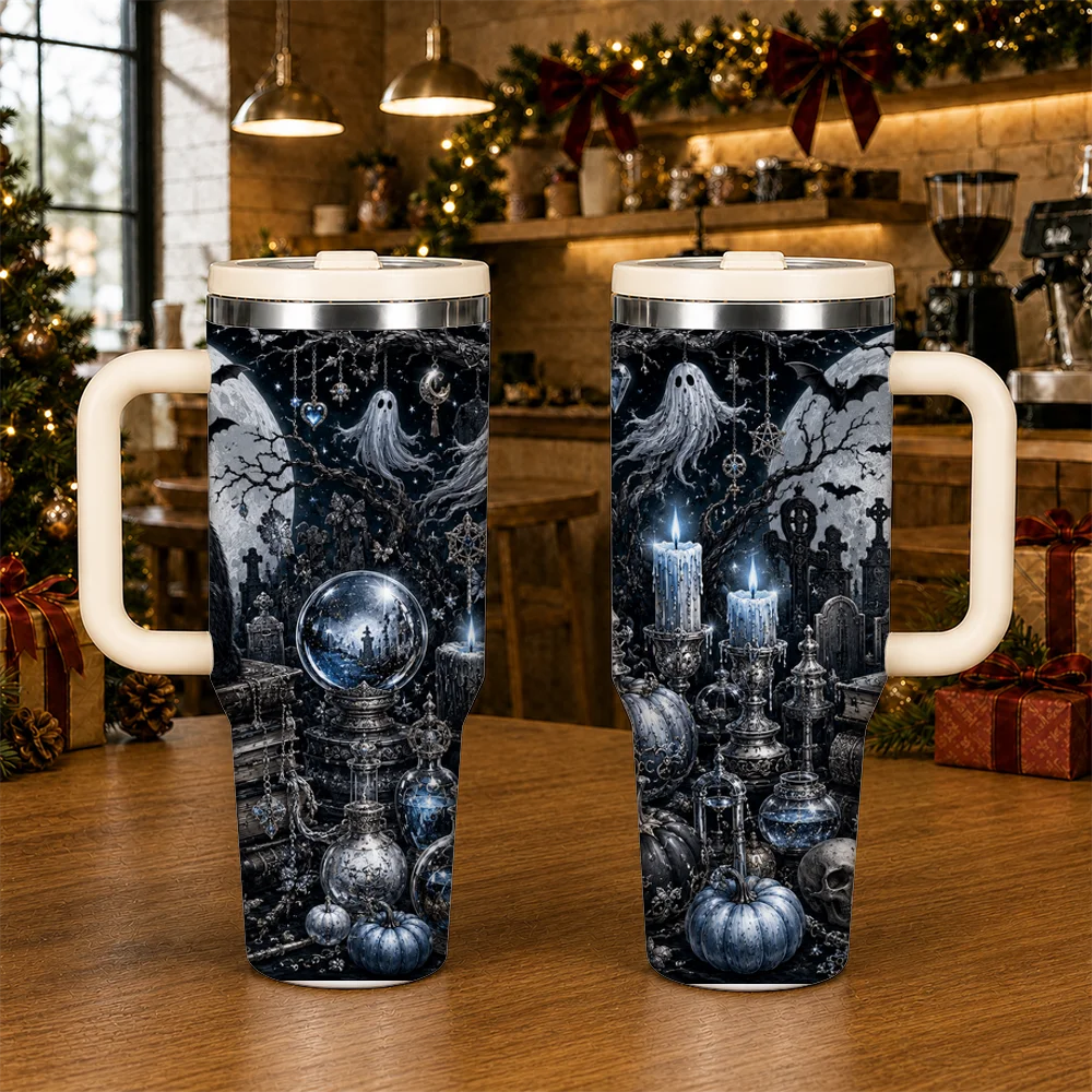 Magic Black Cat Vacuum Flasks 40oz Large Capacity Tumbler with Handle Straw Lid Insulated Stainless Steel Travel Mug