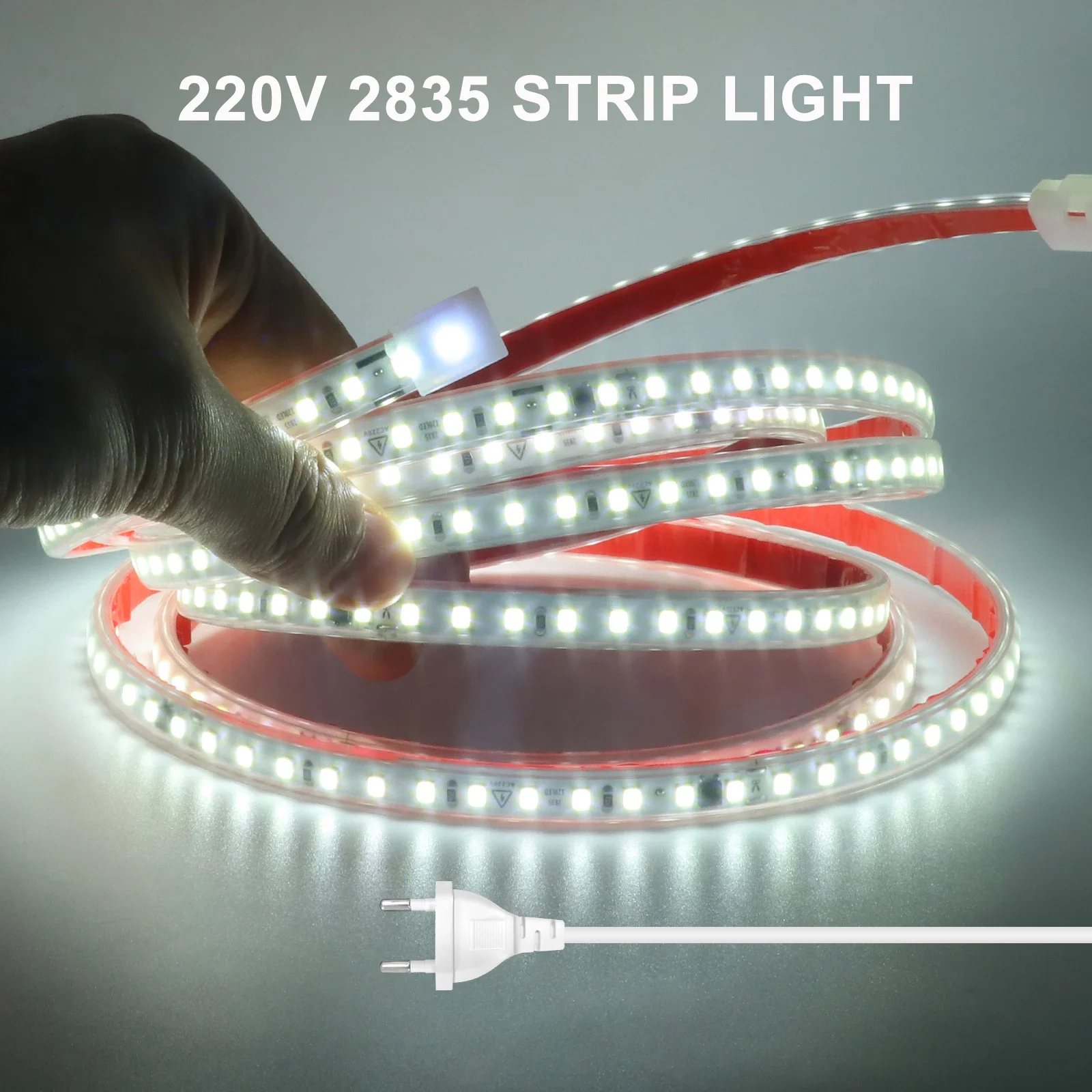 IP65 Waterproof LED Strip Light 220V SMD2835 120LEDs/m Flexible Ribbon Adhesive Tape Lamp Cuttable Warm Cool White with EU Plug