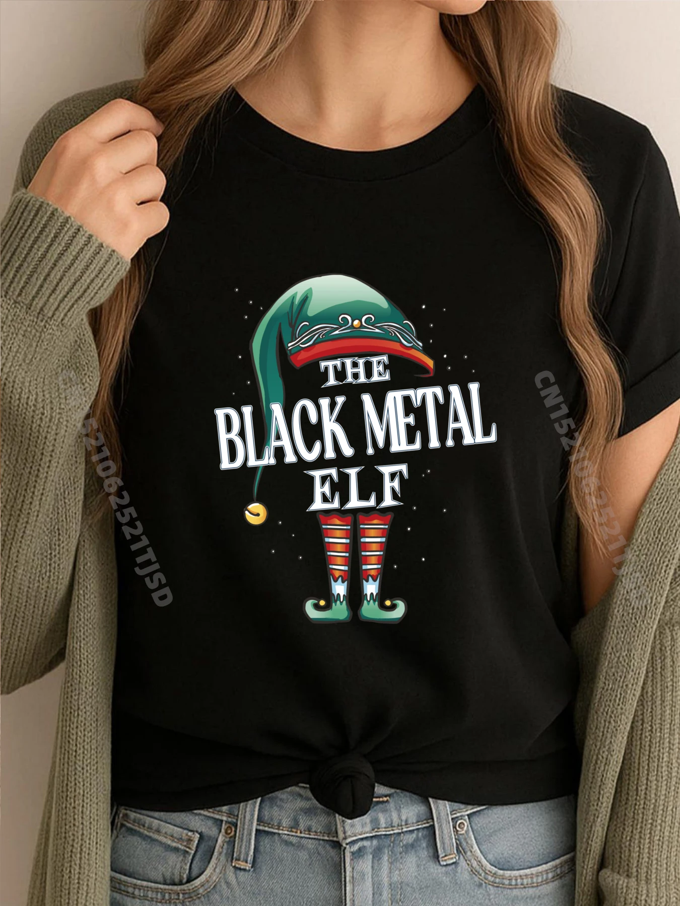 

Черный металлический эльф, Рождественская группа, рождественская пижамная вечеринка, белая футболка с рисунком, роскошная футболка в английском стиле