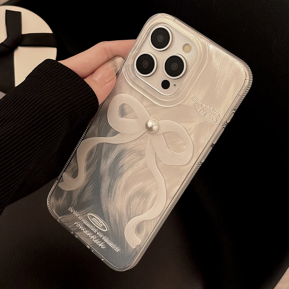 Ins Korea Cute Pearl White Bow Silvery Phone Case for iPhone 15 14 13 Pro Max 12 Pro 11 Back Cover image 2