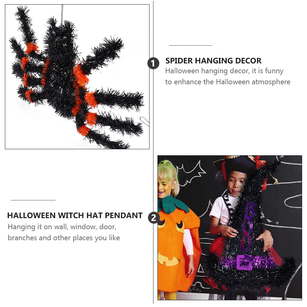 2Pcs Halloween Spider Witch Hat Hanging Decor Funny Festive Atmosphere Party Adornment for Porch Garden Window Door Bar