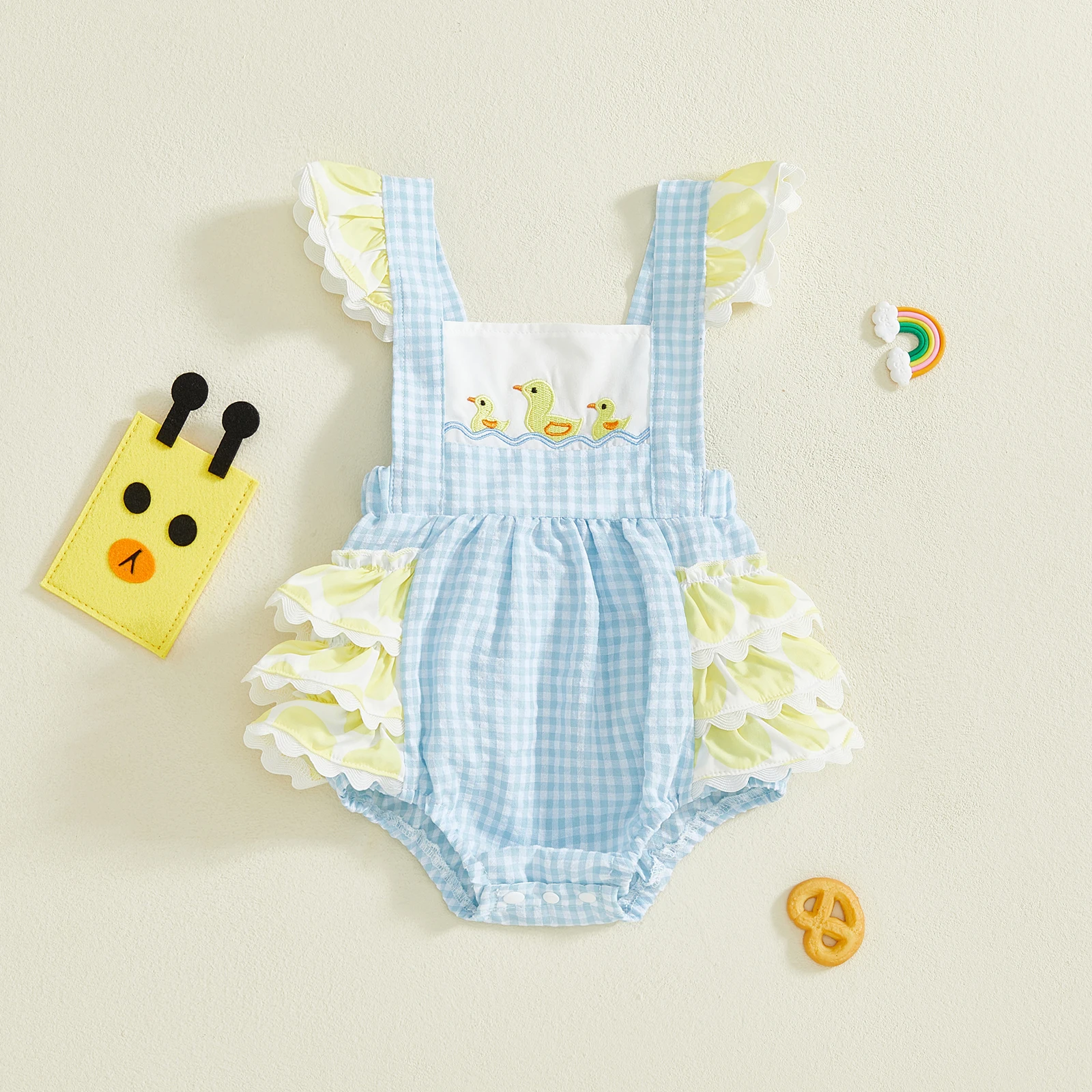 

Tregren 0-18Months Infant Baby Girls Plaid Romper Cute Duck Embroidery Sleeveless Ruffle Jumpsuit Casual Newborn Clothes