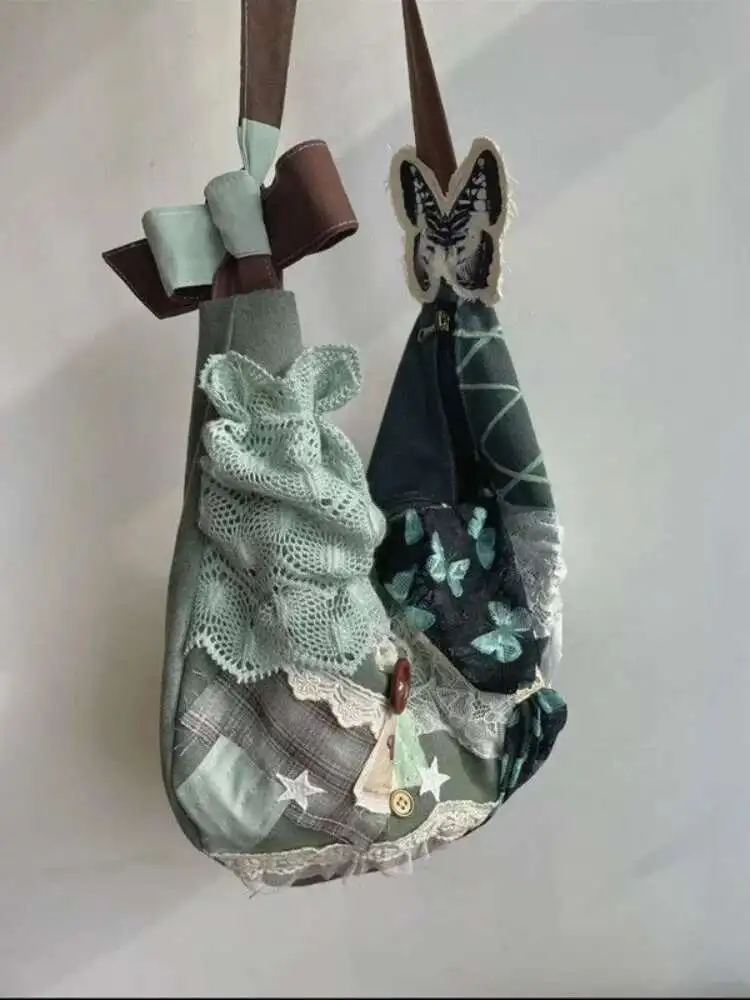 Sweet Lace Butterfly Patchwork Vintage Button Tote กระเป๋านักเรียนกระเป๋าสะพายนักเรียนวัยรุ่นของขวัญ B1978 hit