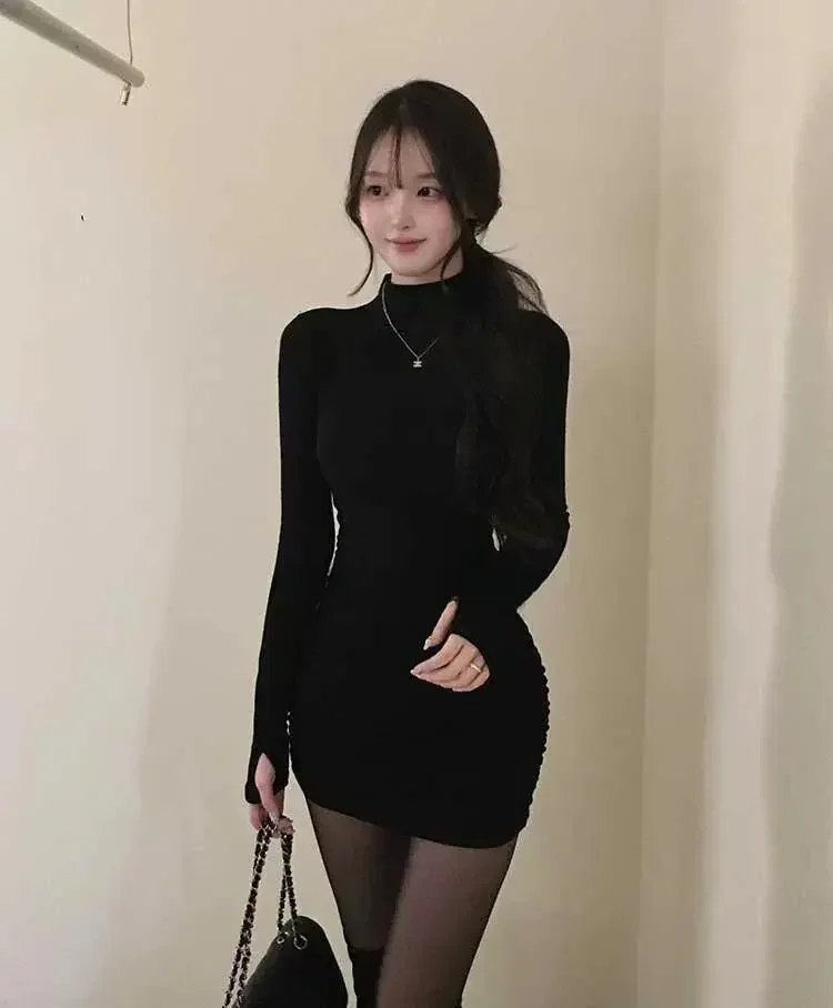 Schlankes, vielseitiges Kleid mit langen Ärmeln, koreanischer Stehkragen, tailliert, figurbetont, Midi-Kleid für Damen, Herbst/Winter 2026, elegantes Outfit – Detail 18
