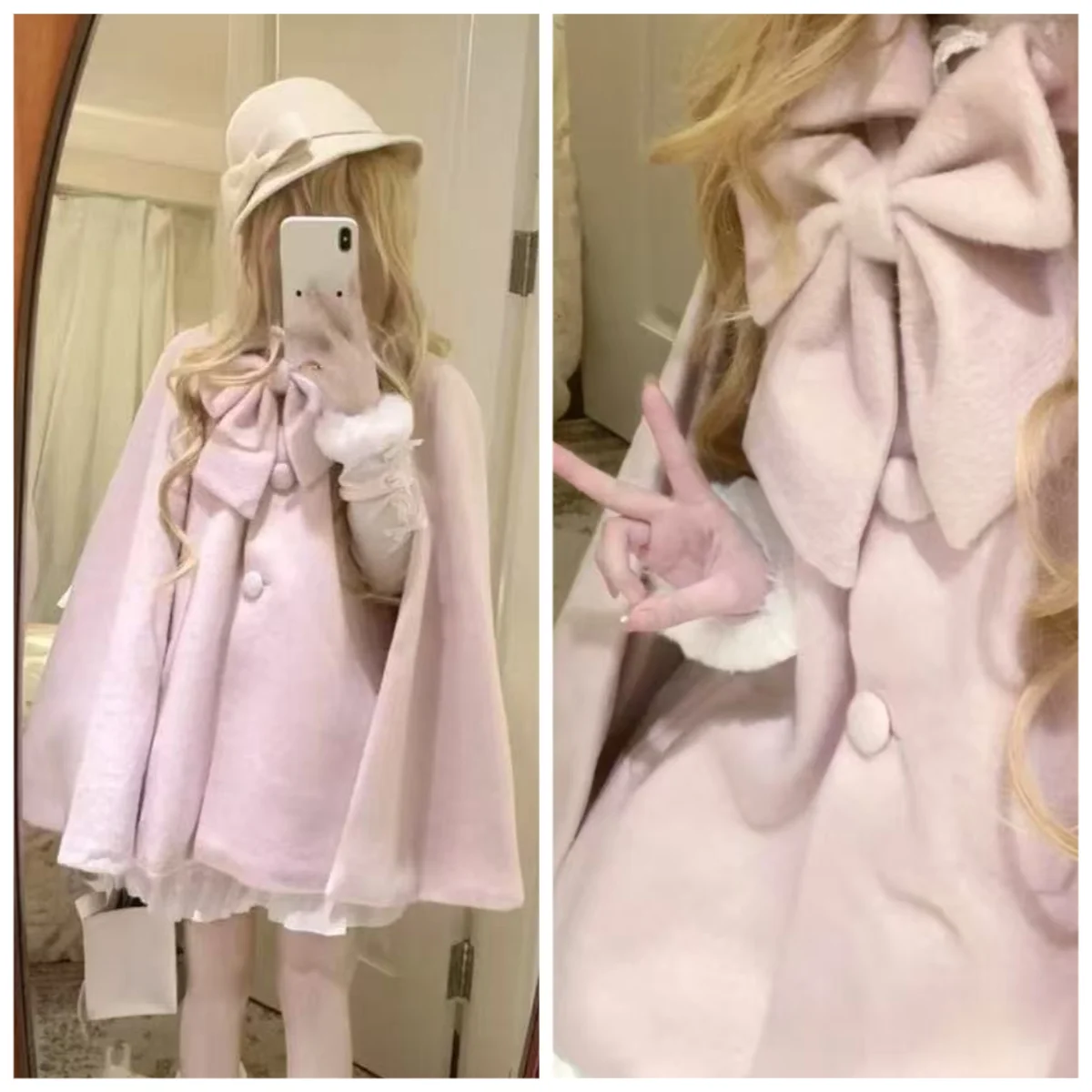 

Japnaese Sweet Aesthetic Kawaii Women Winter Bow Coat Loose Cloak Jacket Loose Female Casual Cardigan Autumn New Fashion Clothes