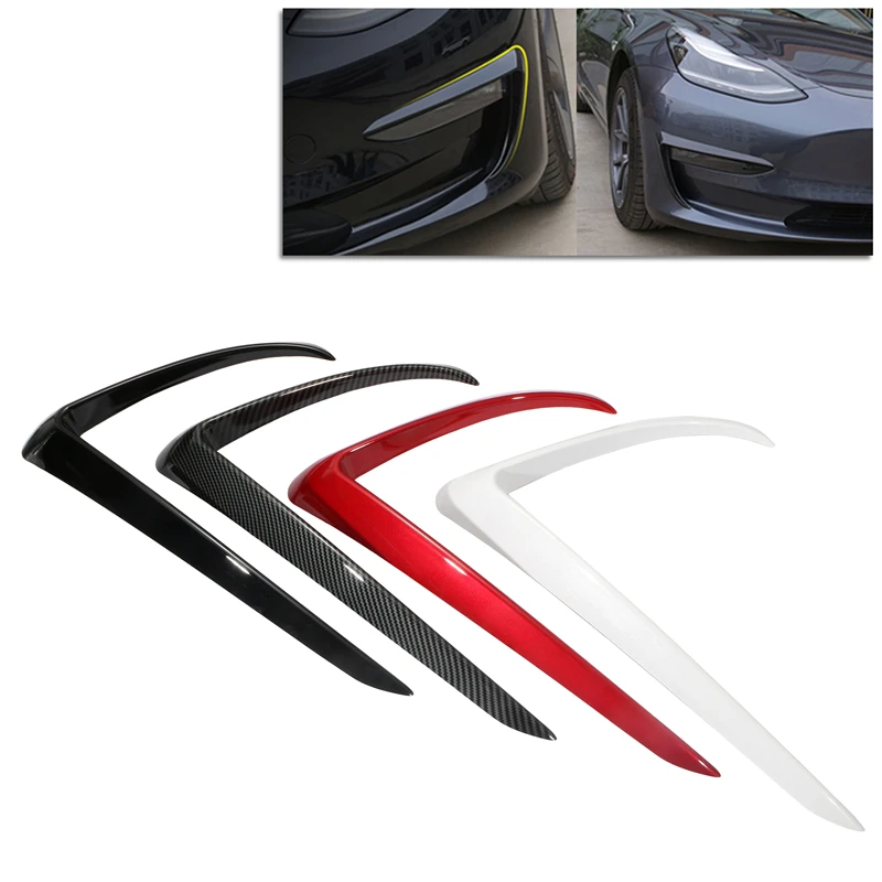 2 Pcs Car Front Blade Fog Light Eyebrow Wind Knife Frame Trim Cover ABS / Carbon Fiber Red/Black/White For Tesla Model 3 17-22