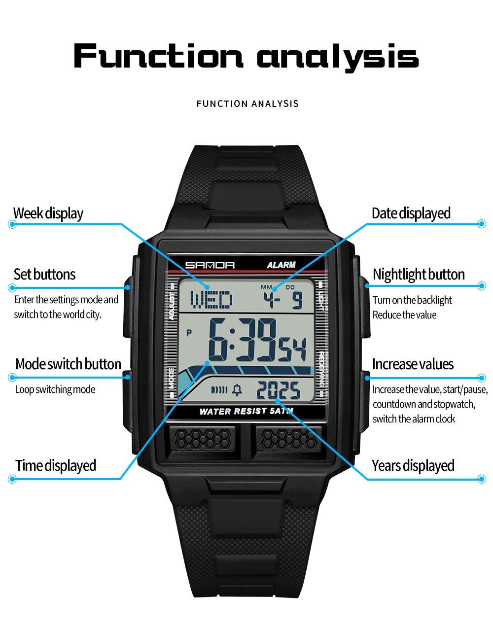 SANDA 2212 الشباب الرياضة ساعة إلكترونية 5ATM مقاوم للماء ضوء الليل العد التنازلي ساعة توقيت ساعة تنبيه ثلاثية الأبعاد مجسمة