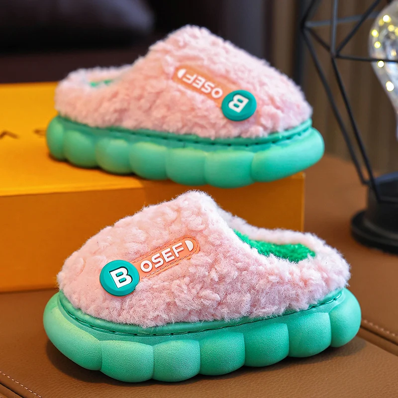 Aged 2-11 Winter Warm Simple Fashion Indoor Mule Soft Non-slip Fluffy Slippers For Kids Boys Girls Children Home Cotton Shoes