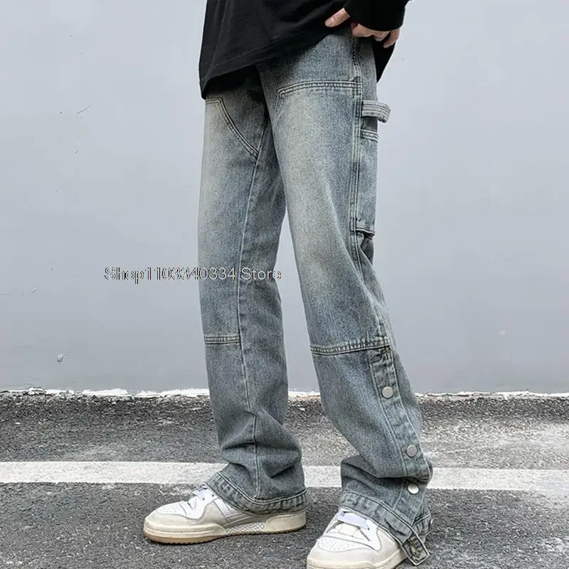 New Jeans for Men Slimming Pants Washed   Straight Zipper Split Denim Mop Pants   jeans y2k aesthetic