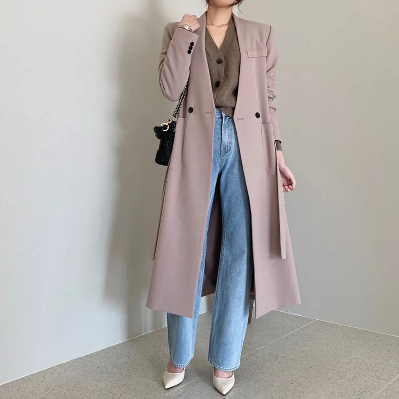 

Autumn Vintage V-neck Single Button Loose Big Pocket Mid-Length Women Blazers Grey Casual Loose Long Sleeve Suit Jacket Overcoat