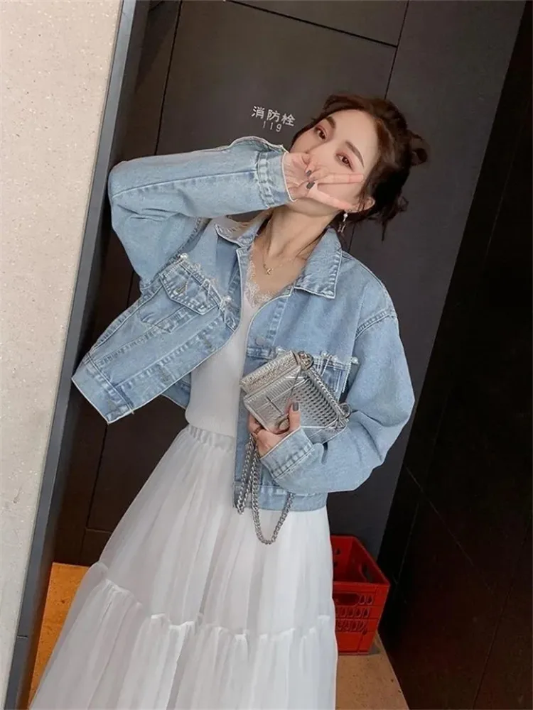 Spring Autumn Blue Loose Denim Jacket for Women Streetwear Beaded Diamond-studded Splice Chain Cowboy Outerwear Female Clothes