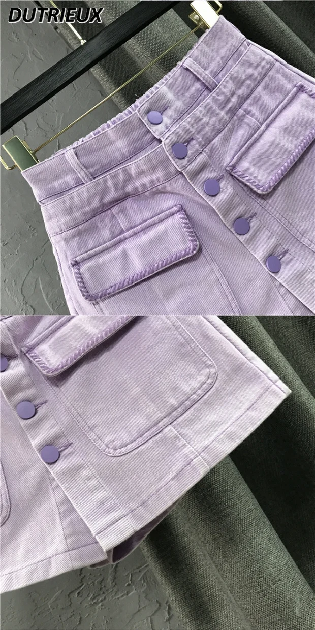 Shorts jeans estilo coreano de cintura alta para mulheres, perna larga, saia linha A, roxo, design de bolso, 2 peças falsas, verão, novo, 2022