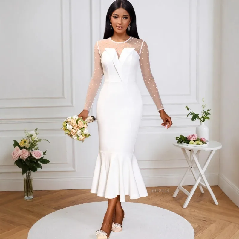 

Белые африканские платья больших размеров для женщин, осеннее элегантное сетчатое облегающее платье миди из полиэстера с длинными рукавами Dashiki, африканская одежда