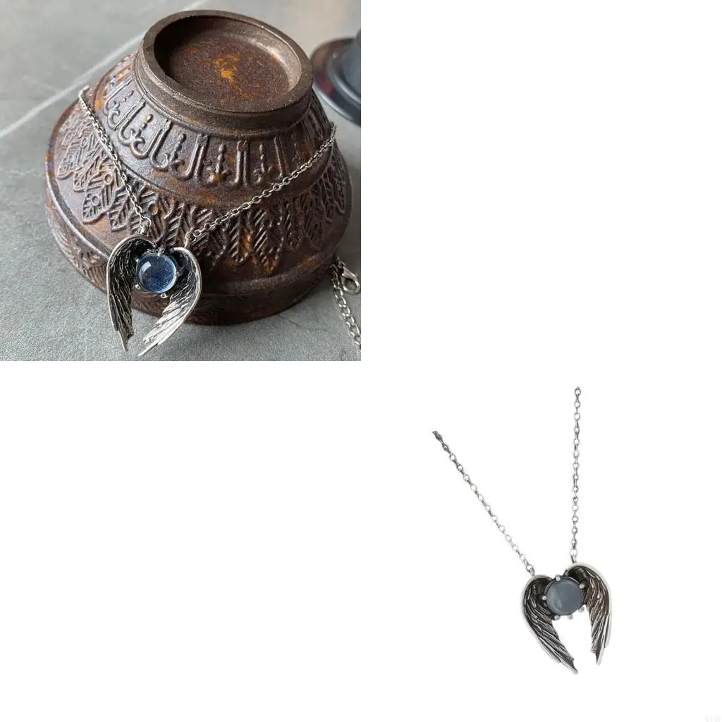 91AF Unique Specter Wing Design Alloy Necklace Featuring Shimmering Blue Crystal Accent Edgy Clavicle Chain