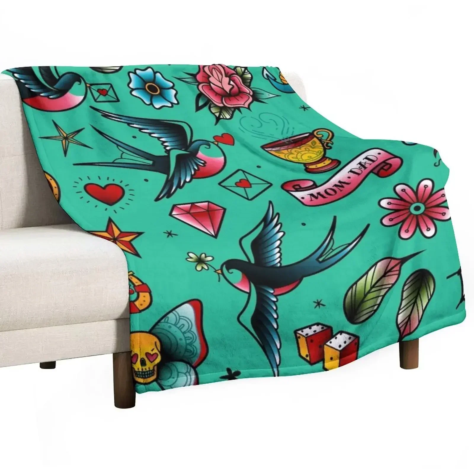 Old school tattoo stickers of swallows, diamonds, heart, rose, anchor Throw Blanket Picnic Cute Plush Moving Blankets