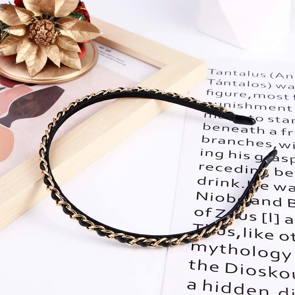 Personality Cool Gold Color Punk Headwear PU Leather Hair Accessories Women Hair Band Korean Hair Hoop PU Chains Headband