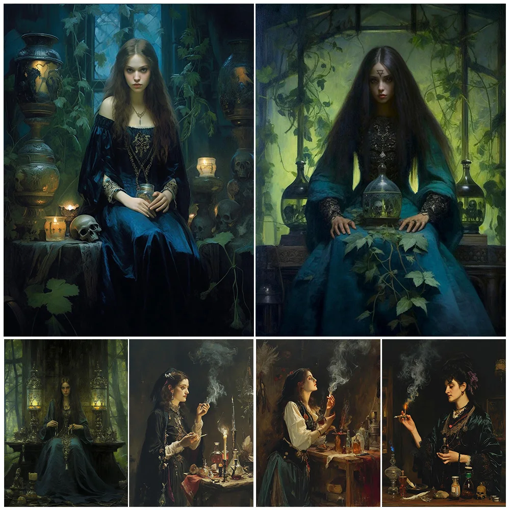 

Herbs,Potions Witch Victorian Gothic Wall Art Canvas Painting Magic Witch Portrait Abstract Art Poster And Print Home Decoration